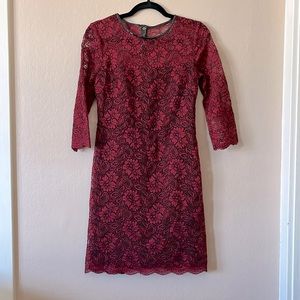 Calvin Klein Deep Red Lace 3/4 Sleeve Cocktail Sheath Dress Black Details Size 4